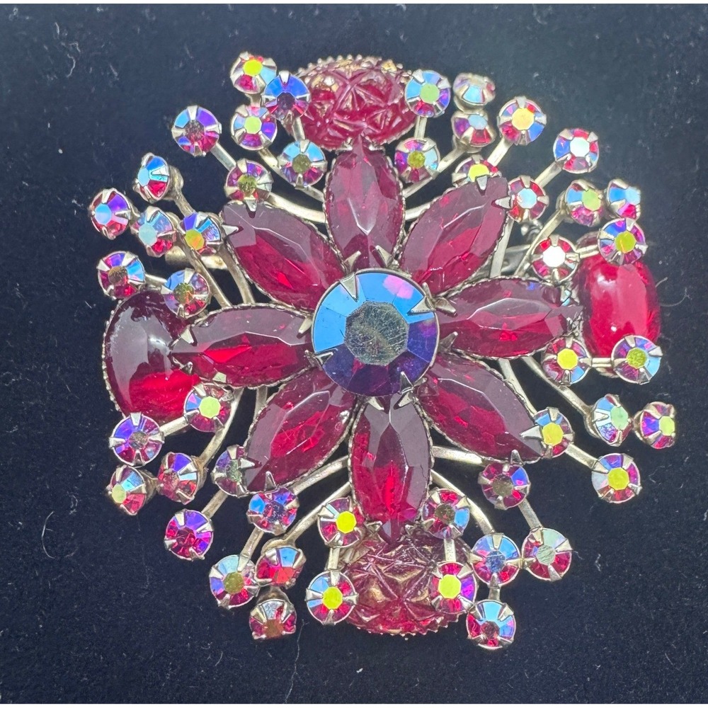 Vintage Red AB Rhinestone Starburst Brooch Silver Tone Floral Pin 2.25 Inch